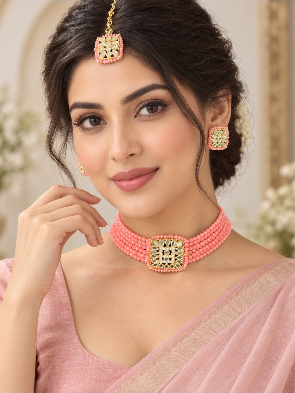 Unbranded Coral Pink Beaded Choker Necklace Set